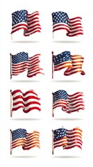 Multiple representations of the American flag with different movements and styles on a white background