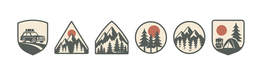 Obraz premium Retro camping badges featuring mountains, trees, and sun