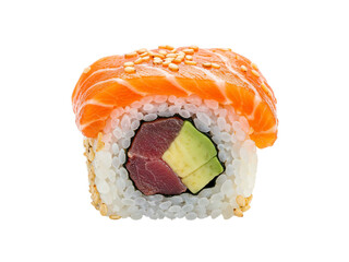 Delicious salmon avocado tuna roll sushi close-up appetizing japanese cuisine food photography transparent background