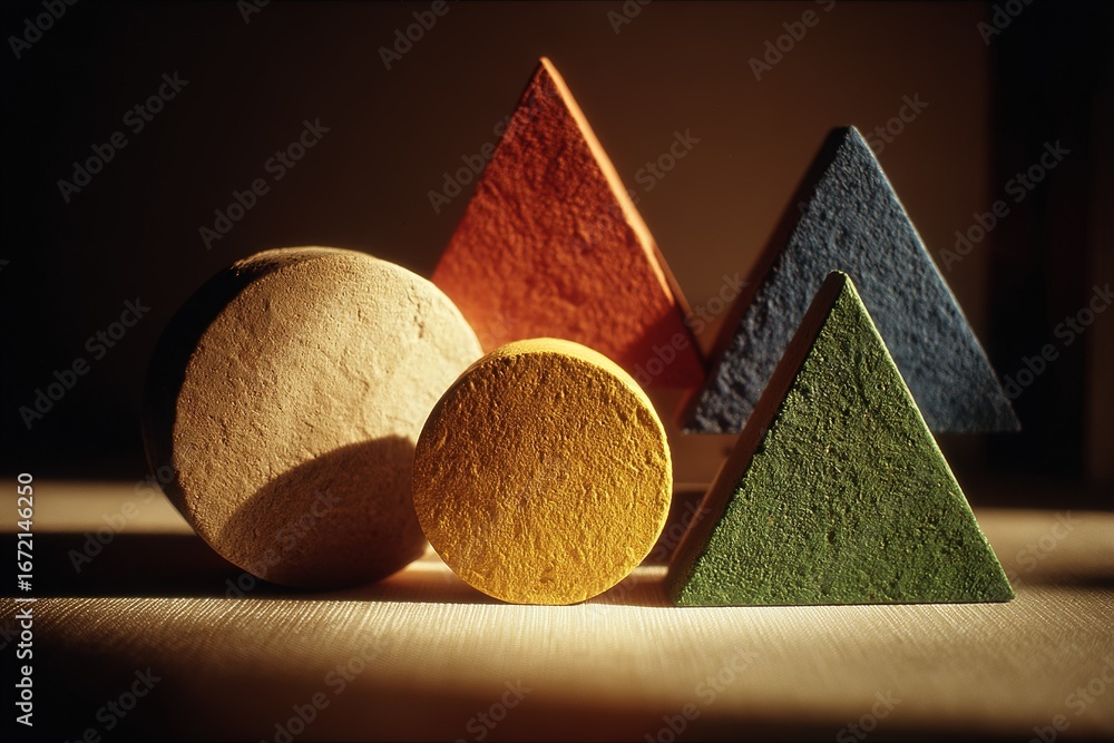 Poster colorful geometric shapes arranged on a surface illuminated by soft light in an artistic display