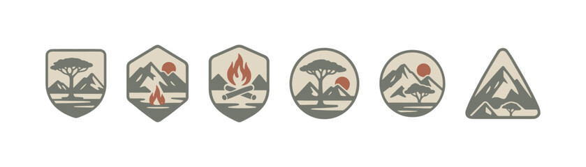 Retro nature badges with mountain and camping designs for outdoor adventure