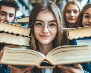 Group of students in a library smiling with books, young woman in glasses holding open book in focus, symbolizing knowledge, education, friendship, and academic lifestyle.students, library, books, rea