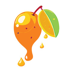 Orange fruit with dripping juice and green leaf on white background liquid