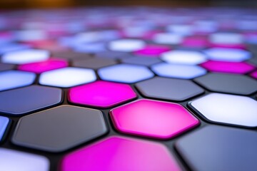 Colorful hexagonal tiles create a vibrant surface in a modern setting showcasing bold design and lighting effects
