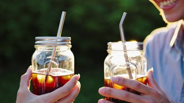 Two tall chilled beverages of iced coffee being held by couple outdoors, clinking jars with metal straws during picnic on sunny day