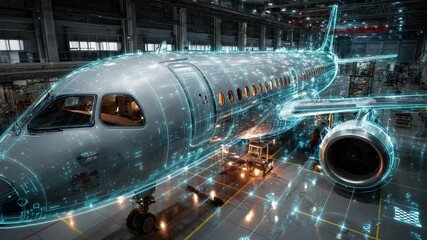 Airplane Assembly Digital Overlay Factory Tech Innovation, 4k video footage - Powered by Adobe