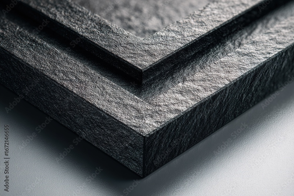 Poster textured black slate tiles arranged in neat layers on a smooth surface in natural light
