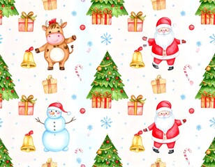 Watercolor Christmas pattern featuring Santa, a bull, snowman, and festive elements