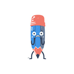 A cartoon pencil character expressing sadness, standing alone against a plain background
