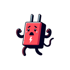 A cartoonish, distressed power plug character with arms and legs, expressing sadness with tears