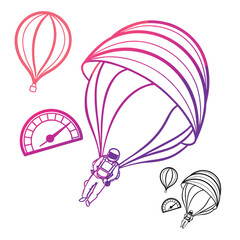 Skydiver with Parachute and Hot Air Balloon in Pink Purple Gradient and Black Outline skydiving