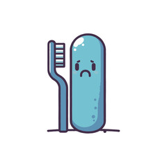 A cartoonish sad toothbrush and toothpaste character standing together, promoting dental hygiene