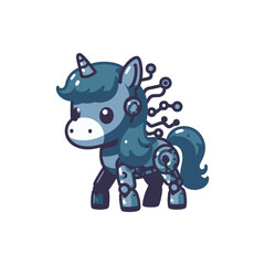 A cute robotic unicorn character standing proudly, showcasing its futuristic design and features