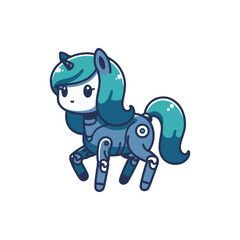 A cute robotic unicorn character with a turquoise mane, standing on a white background, ideal for children's illustrations