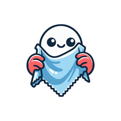 A cheerful cartoon ghost holding a blue cloth, surrounded by a simple white background