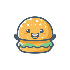A cheerful cartoon hamburger with sesame seed bun and smiling face, set against a simple background