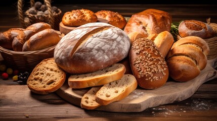 a variety of freshly baked breads, pastries, and baked goods, displayed on a rustic wooden surface, with a warm, inviting, and artisanal atmosphere
