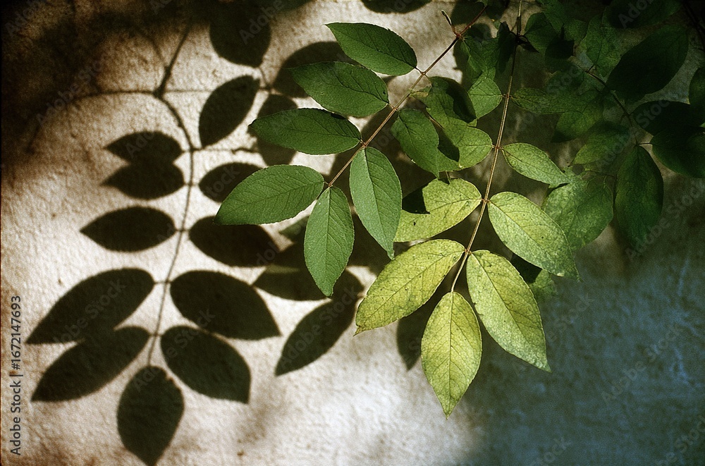 Poster intricate patterns of leaves casting shadows on a textured wall during daylight hours