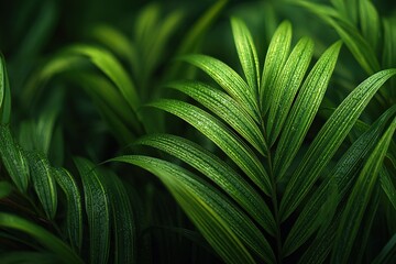 Lush green leaves glistening with water droplets in a vibrant forest setting during early morning light