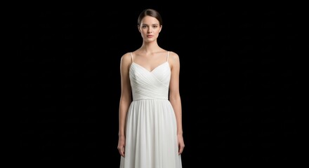 Fototapeta premium Elegant caucasian female young adult in white evening gown against black background