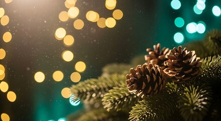 Close up of pine cones on a christmas tree with bokeh lights