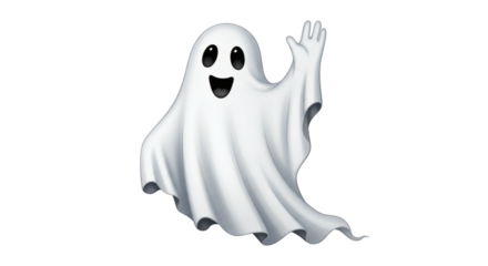 A cartoon ghost waving happily on a black background, smiling brightly