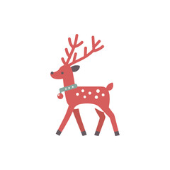 A playful reindeer with a collar and bell walking on a white background, ideal for festive designs