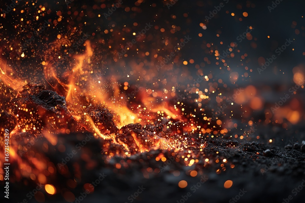 Poster lava flows amid glowing embers and sparks create a mesmerizing display of nature's power in the volc