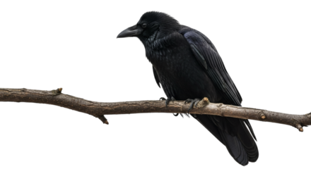 Black raven perched on a branch against a seamless dark backdrop