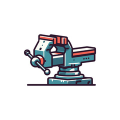 A colorful, stylized image of a bench vise, showcasing its features and design in a workshop setting