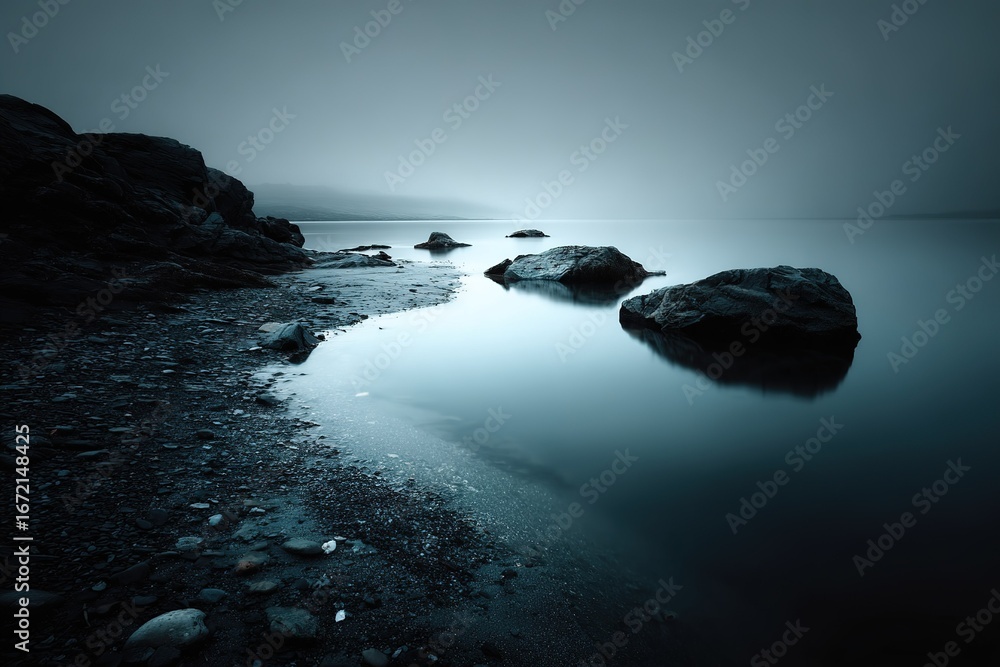 Poster serene lakeside view with smooth rocks at twilight creating a tranquil atmosphere