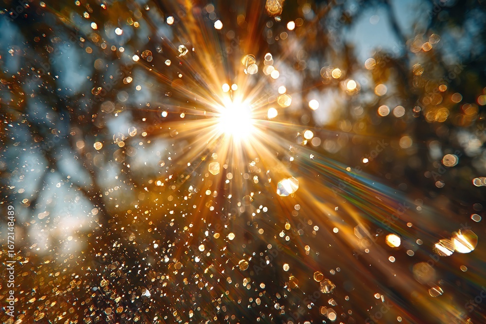 Poster sunlight streaming through trees creating a dazzling display of bokeh and sparkles at dawn
