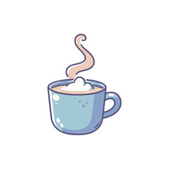 A cozy blue cup of steaming hot chocolate topped with fluffy cream, set against a minimalist background