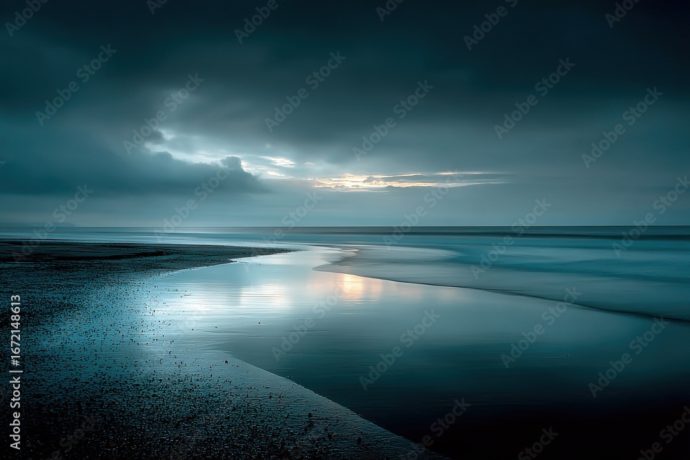 Poster dark clouds hover over a tranquil beach with gentle waves and a hint of sunset reflection