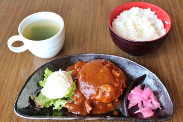 Hamburg steak with mushroom demi-glace in Tokyo, Japan