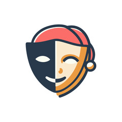 A stylized illustration of a dual-faced mask representing comedy and tragedy, set against a plain background
