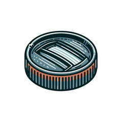 A detailed close-up of a round, textured container with a segmented lid, showcasing its design