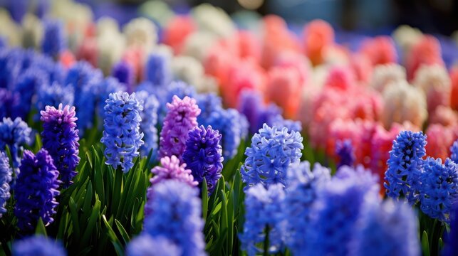 grape hyacinth, vibrant blue and purple flowers, blurred background, natural lighting, detailed, vibrant colors, lush, macro shot
