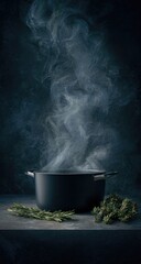 Steaming pot with herbs on a dark surface.