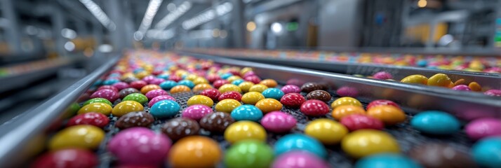 Colorful candies travel on a conveyor belt in a bright, busy factory setting during the day