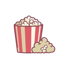 A vibrant illustration of a striped popcorn bucket overflowing with fluffy popcorn, suggesting a fun movie night