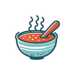 A steaming bowl of soup with a spoon, set against a simple white background, ideal for food-related content
