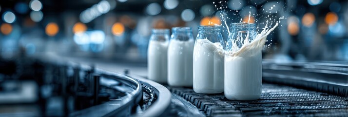 Milk bottles on a production line with splash effect inside a dairy factory showcasing modern processing techniques