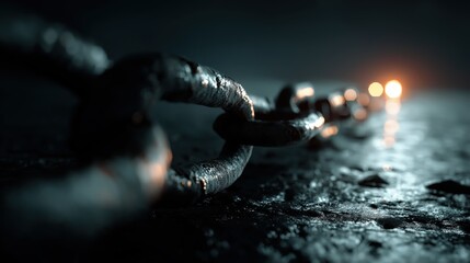暗い背景に横たわる錆びた金属製チェーンのクローズアップ | Close-up of a textured metal chain lying on a dark background with blurred lights