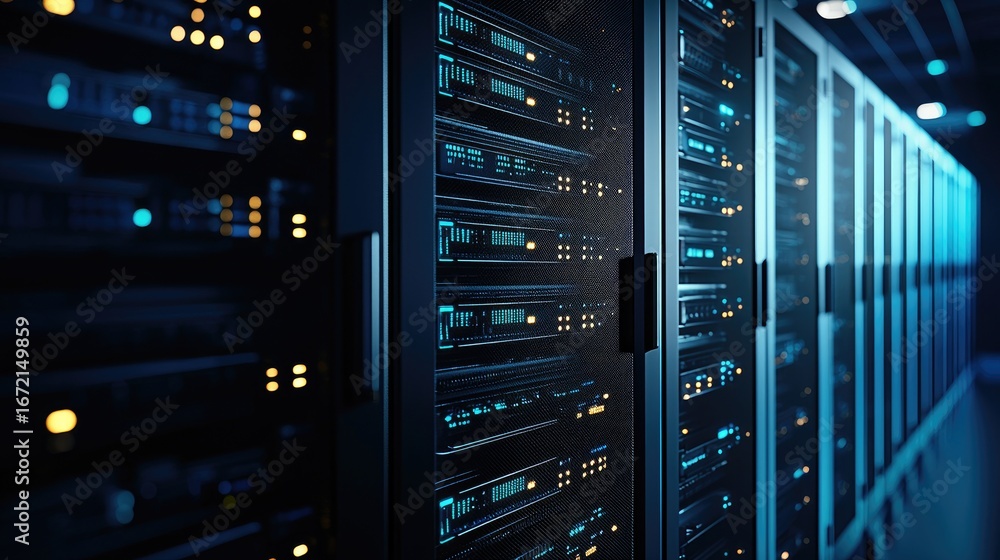 Poster modern data center with server racks and blinking lights in secure room, cloud storage, network tech