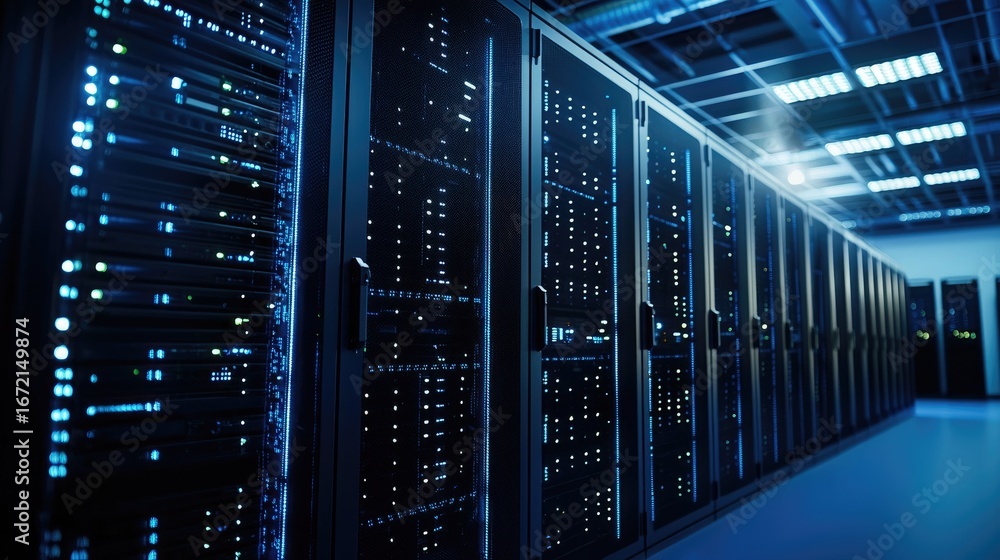 Poster high tech data center with server racks and glowing lights in secure room, modern it infrastructure 