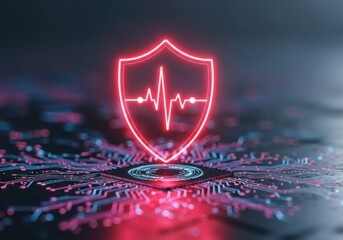 Glowing neon shield with heartbeat ekg waveform represents digital security and health data protection