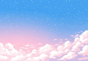 Pixel art dreamy sky with pink and blue clouds and stars