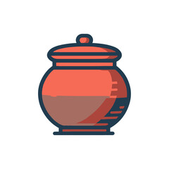 A vibrant, stylized pot with a lid, showcasing a smooth finish and warm colors, set against a plain background, ideal for decorative or culinary themes
