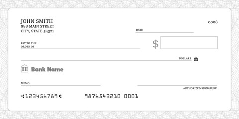 Money check blank template. Blank bank checkbook cheque - generic vector design.